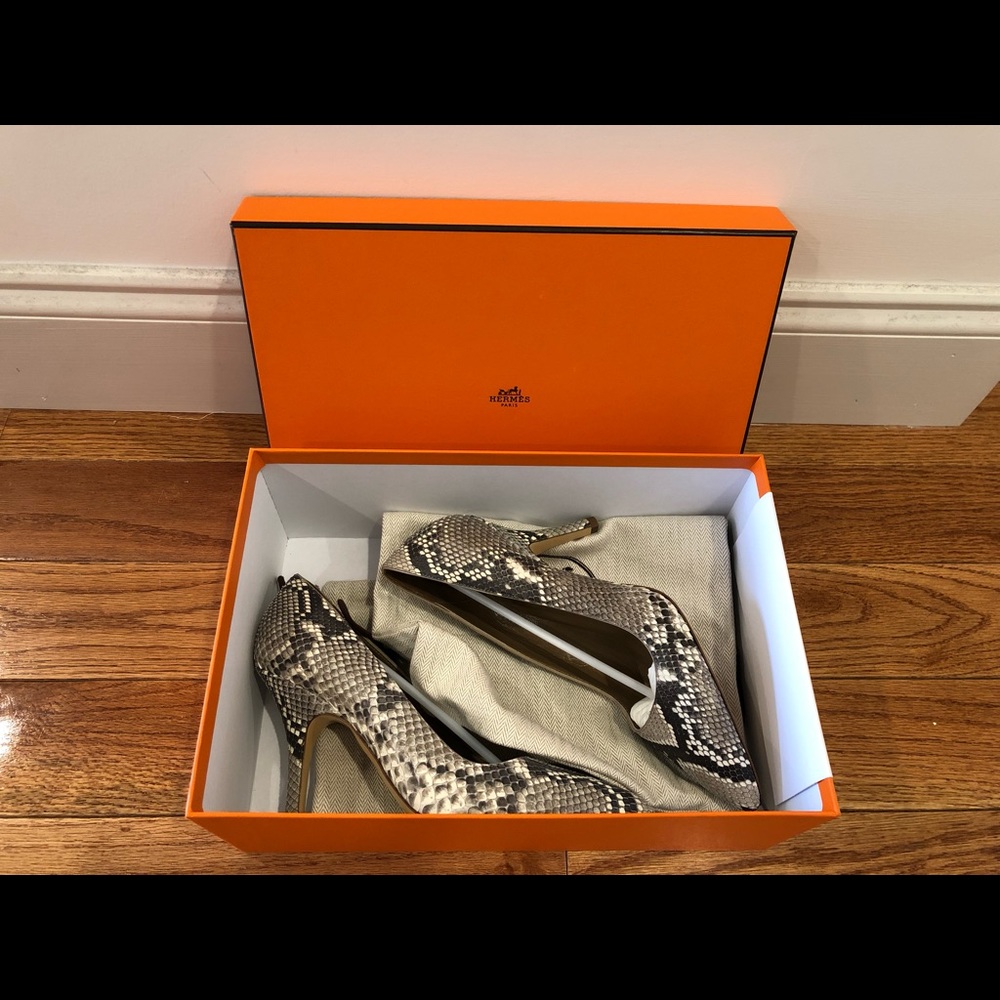 Authentic Hermès 90 Python Pumps.